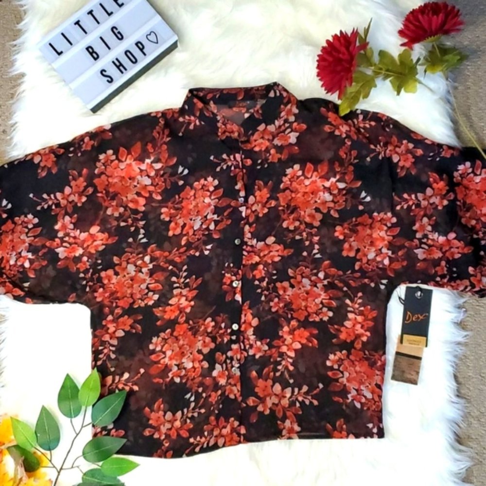 Dex Rust Floral Print Flowy Top, Size SM - NWT